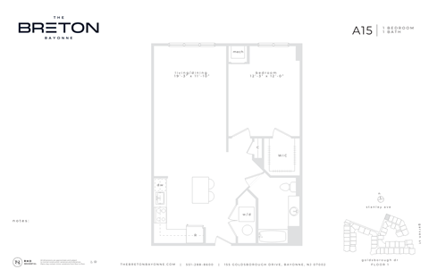 Floor plan for 1 bed, 1 bath, 858 sqft